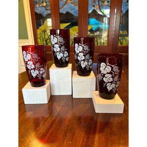 Ruby Red Anchor Hocking Grape Patterned Glass Tumblers.